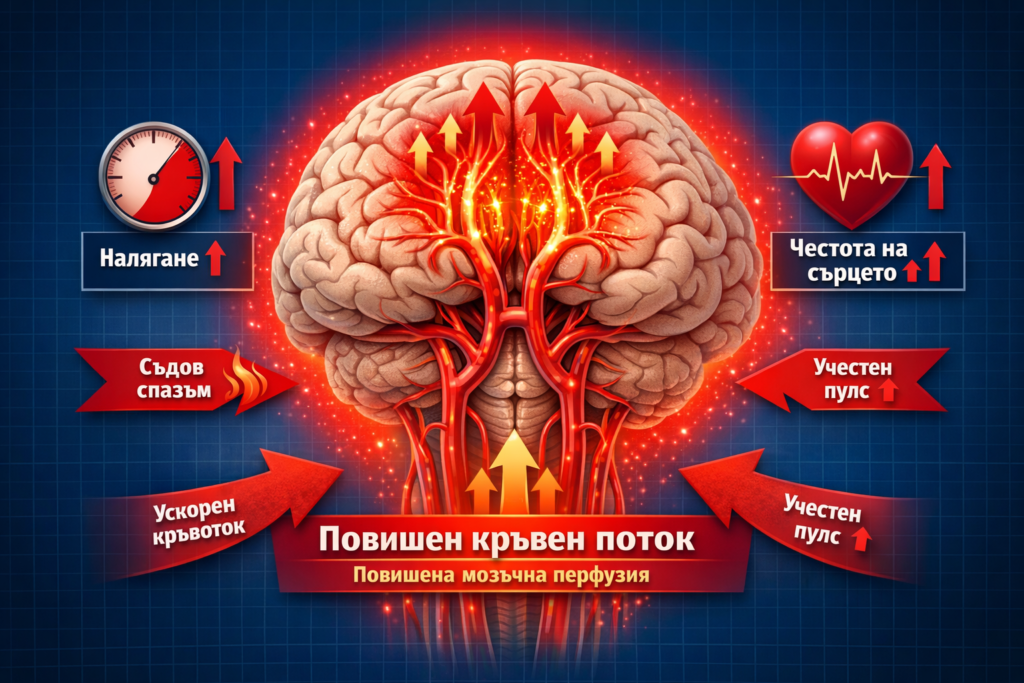 Високо кръвно налягане. А може би причината е някъде между раменете ни. 2 илюстрация на мозък и кръвоносни съдове с обозначен повишен кръвен поток – инфографика за мозъчна перфузия