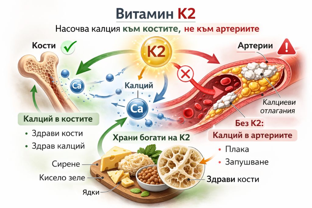 схема на пренасочване на калций към костите при наличие на витамин K2