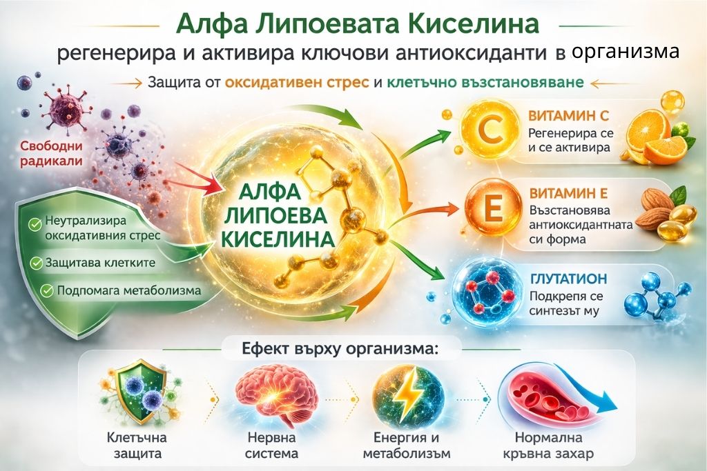 алфа липоевата киселина може да регенерира други антиоксиданти в организма - като витамин C, витамин E и глутатион.