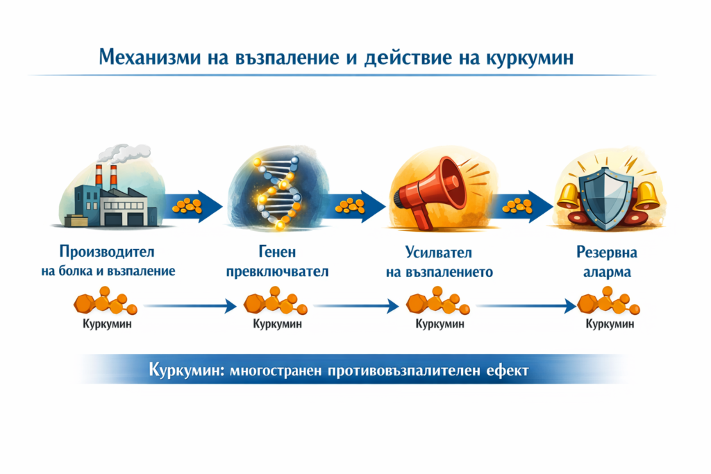 схема на четирите механизма на възпалението – диаграма с „производител“, „генен превключвател“, „усилвател“ и „резервна аларма“ | alt: механизми на възпаление и точки на действие на куркумин