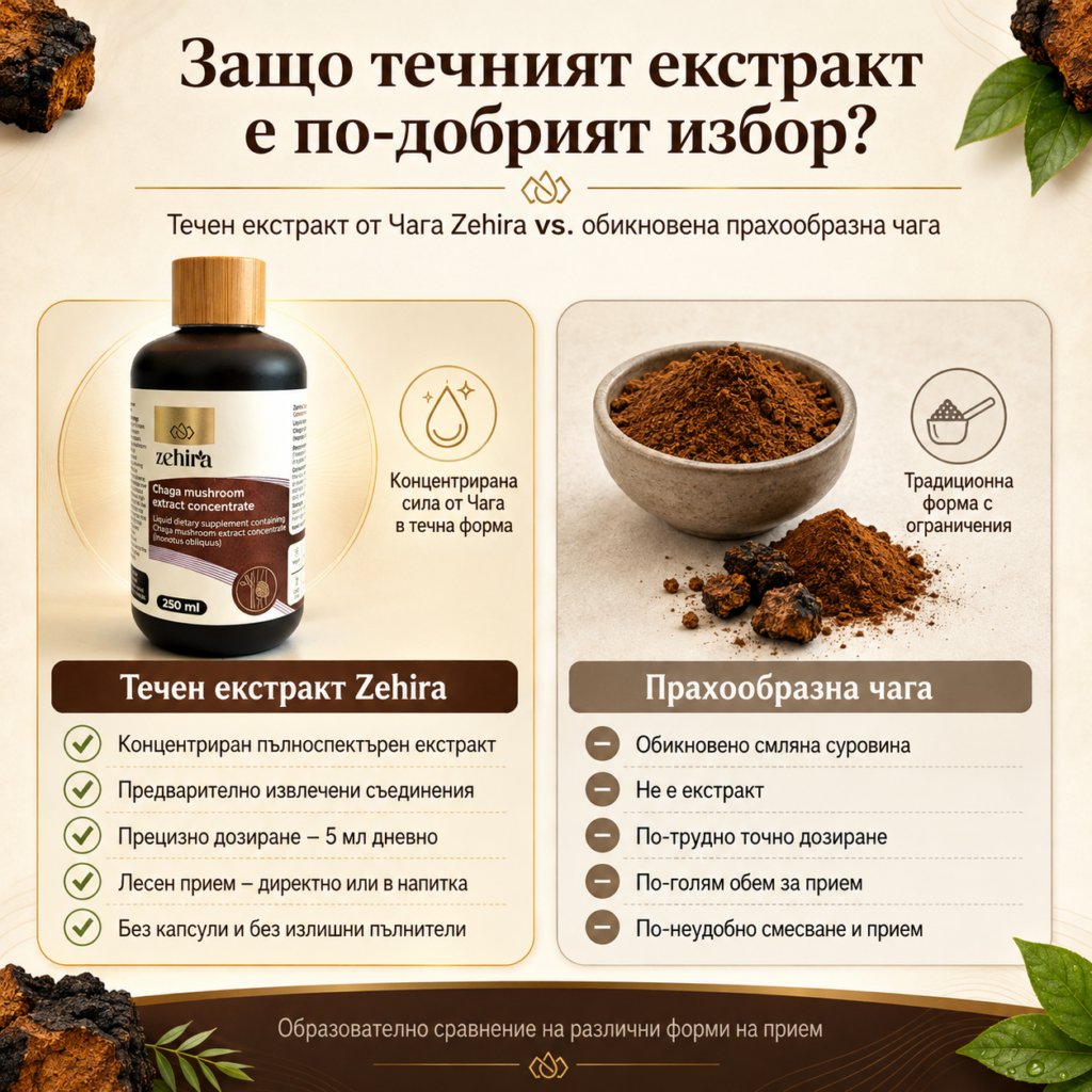 предимства на течен екстракт концентрат от гъба чага пред прахообразните продукти